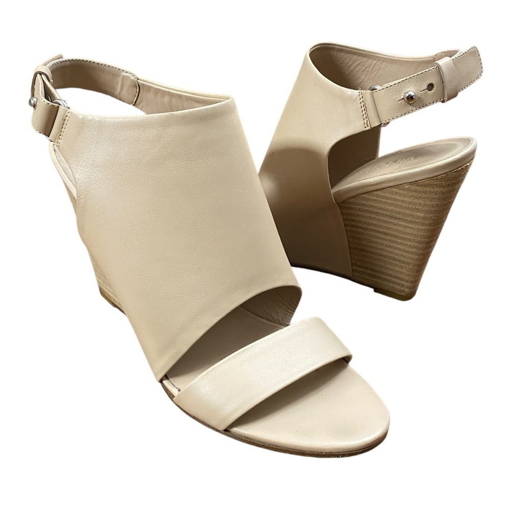 Vince Sz 7M Beige Leather Cut Out Wedge Sandals Shoes
